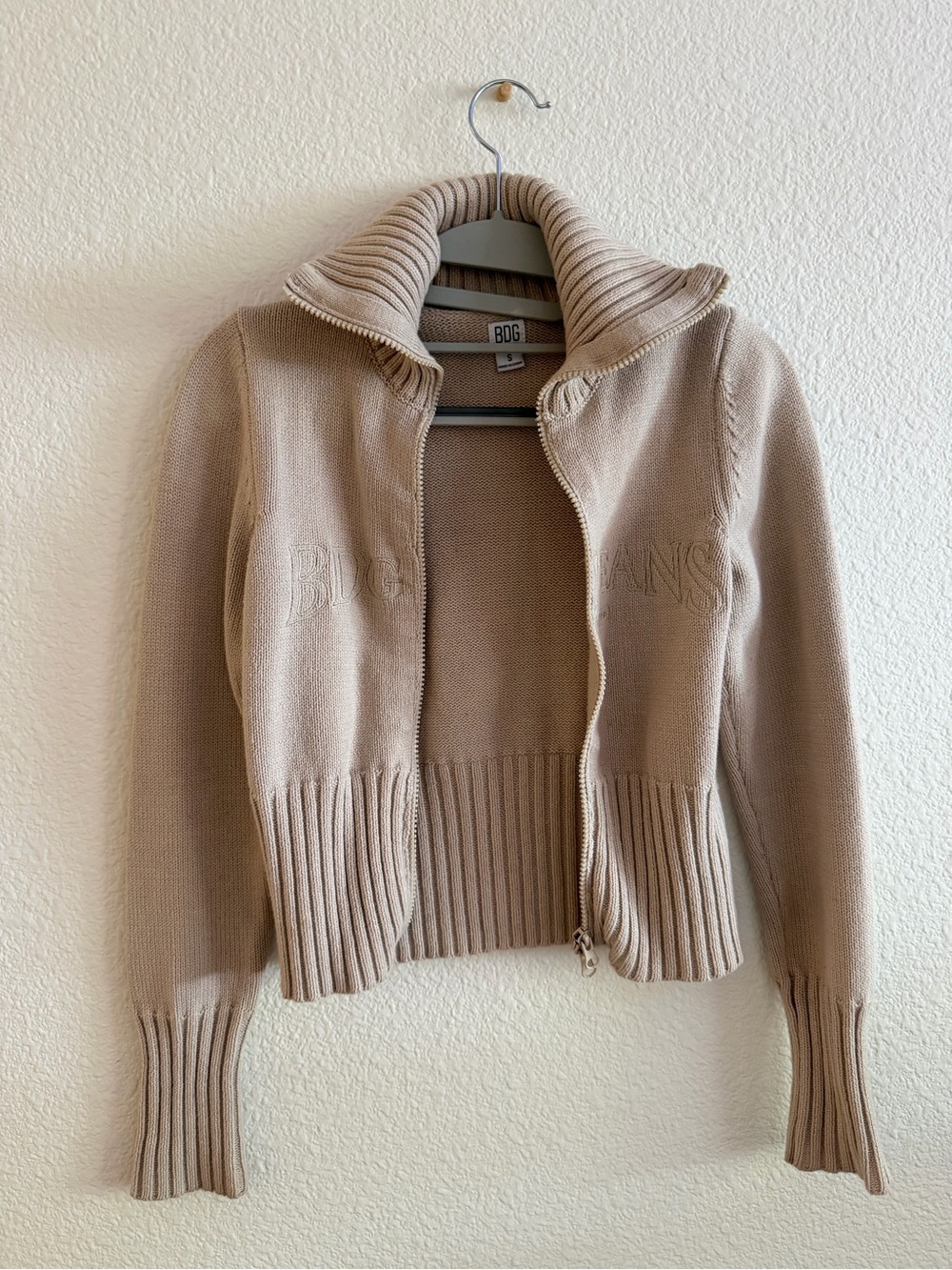 BDG Tan Zip-Up Ribbed Collar Cardigan